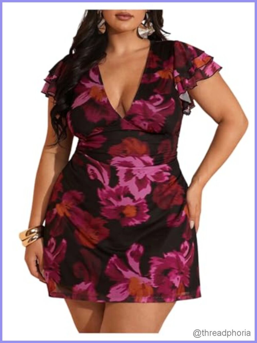Plus Size Floral Short Sleeve V-Neck Cocktail Dress with Ruffle Sleeves